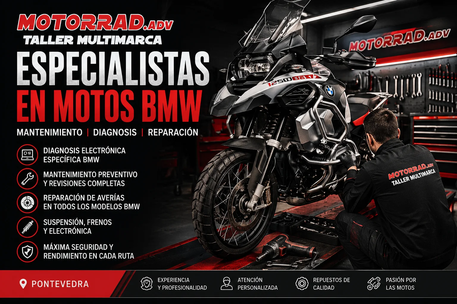 Taller especializado en motos BMW en Pontevedra realizando mantenimiento, diagnosis y reparación BMW Motorrad.