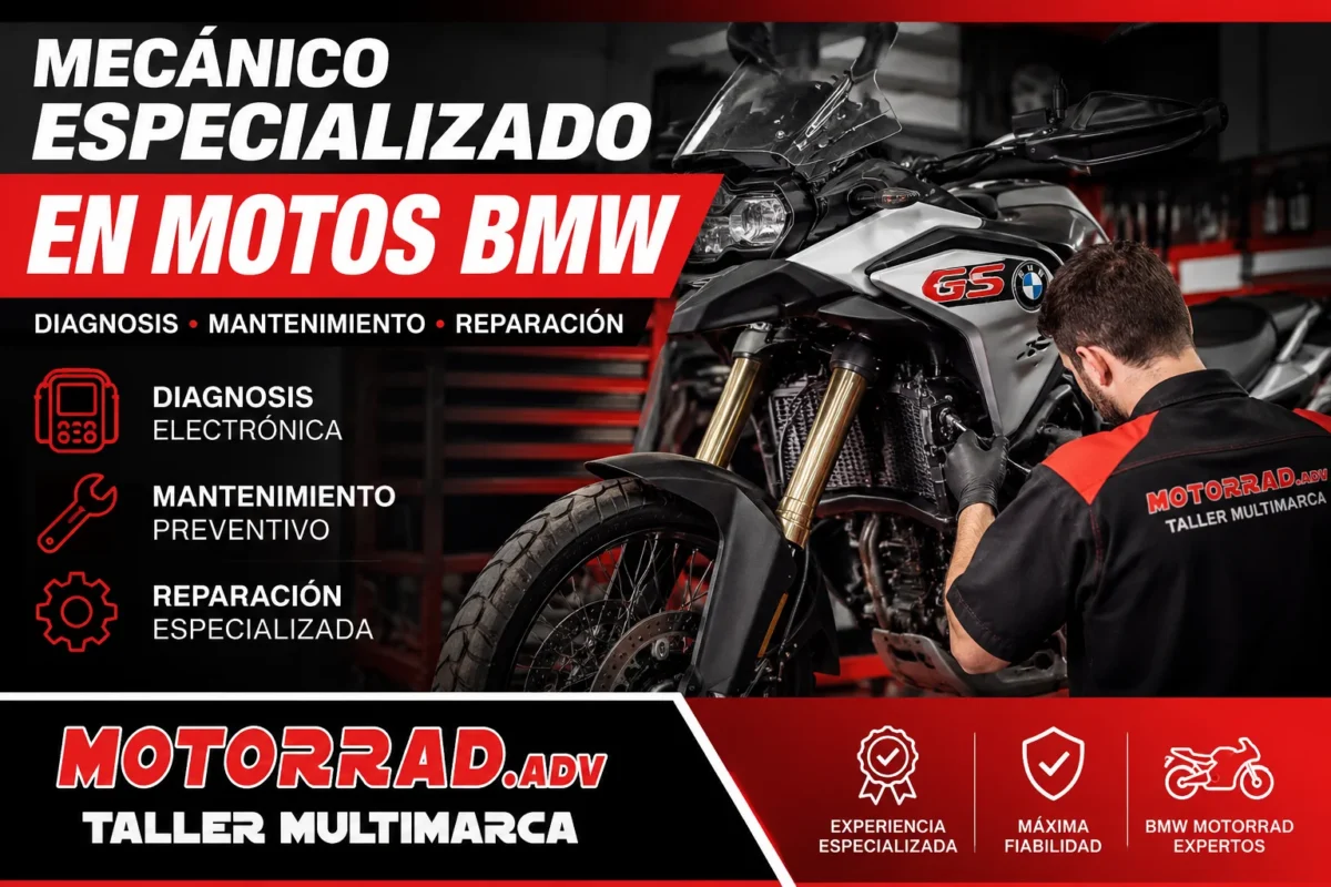 Mecánico especializado en motos BMW realizando diagnosis electrónica, mantenimiento preventivo y reparación BMW Motorrad en taller especializado.
